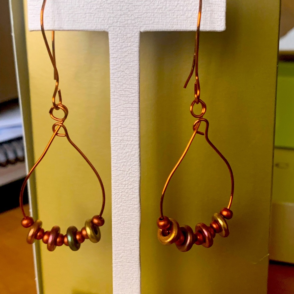 Copper and bead teardrop earrings